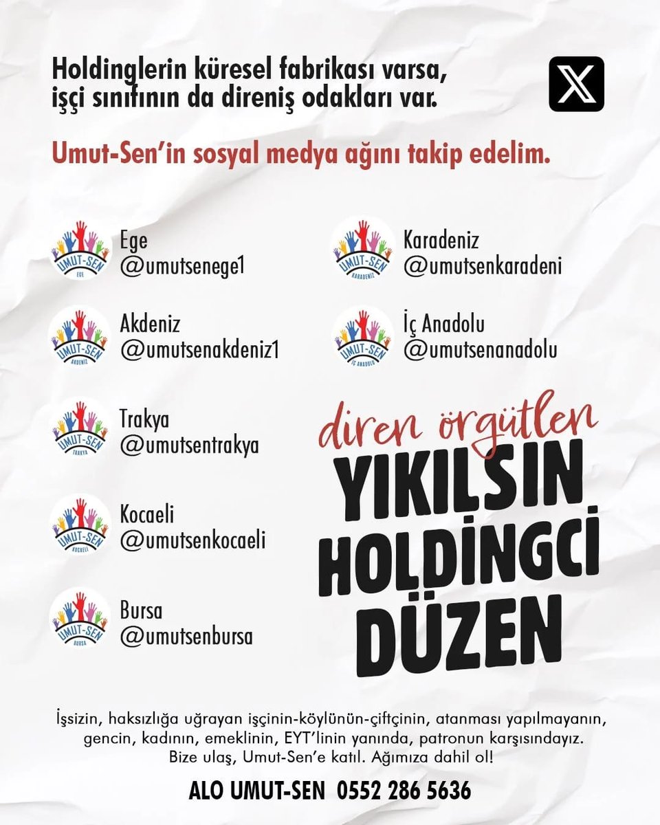 UMUT-SEN (@umutsendikasi) on Twitter photo Holdinglerin küresel fabrikası varsa, işçi sınıfının da direniş odakları var.
Her türlü haksızlığa, hak gaspına karşı Umut-Sen'e ulaş! Holdingci düzene karşı mücadeleyi birlikte büyütelim!
📍 Ege Bölge Temsilciliğimiz:
<a href="/umutsenege1/">Umut-Sen Ege</a>
📍Karadeniz Temsilciliğimiz: Holdinglerin küresel fabrikası varsa, işçi sınıfının da direniş odakları var.
Her türlü haksızlığa, hak gaspına karşı Umut-Sen'e ulaş! Holdingci düzene karşı mücadeleyi birlikte büyütelim!
📍 Ege Bölge Temsilciliğimiz:
<a href="/umutsenege1/">Umut-Sen Ege</a>
📍Karadeniz Temsilciliğimiz: