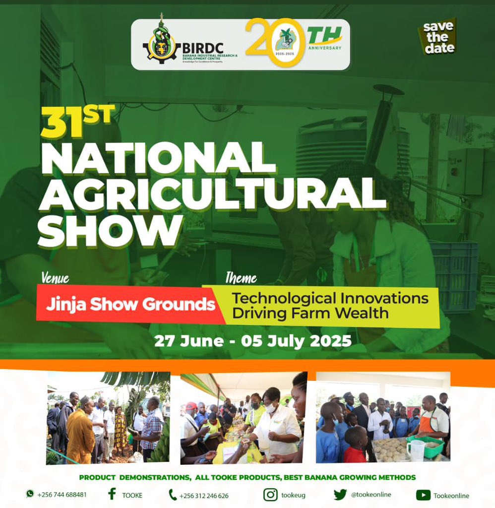 Confirmed 
<a href="/birdcuganda/">BIRDC</a> will be exhibiting at the 31st National Agricultural Show in Jinja. Plan to visit their space while there and what the latest innovations they have in the banana value chain 

#AgricShow25