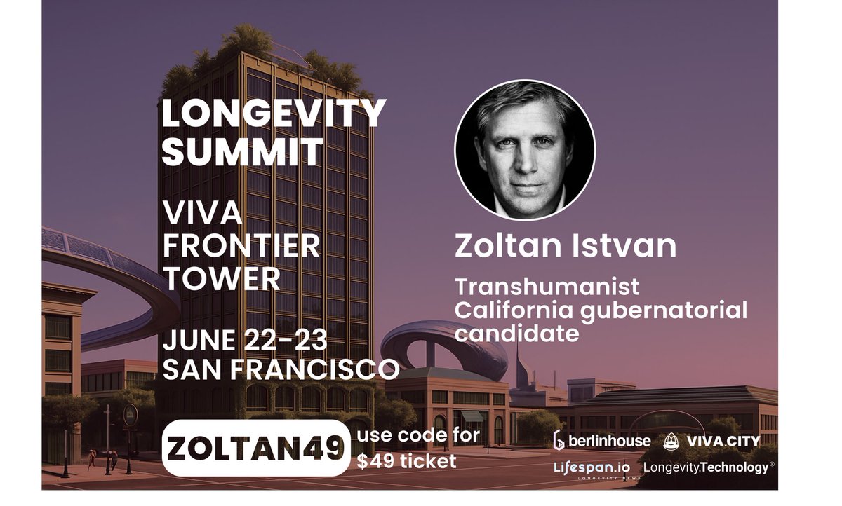 zoltan_istvan's tweet photo. I'm excited to be speaking at the Longevity Summit at Viva Frontier Tower this Sunday at 12:50pm. Put on by @CityOfViva. My talk is on longevity and automation! Get a sale priced ticket with this special link: https://t.co/ijRAQPo1Jz #VivaCity #Zoltan2026 https://t.co/k3PqIIpdt6