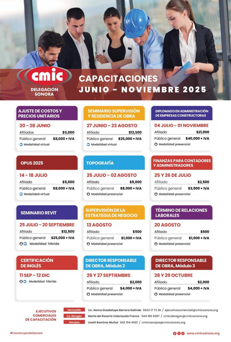 🏗️ ¡No pierdas la oportunidad de actualizarte y mejorar con las capacitaciones que hemos preparado!

📢 En CMIC Sonora contamos con los cursos más actuales, modernos y que estamos seguros que serán de gran apoyo.

👉 Más información:
👷‍♀️ Gema Barrera - 📱 6624 17 73 26
