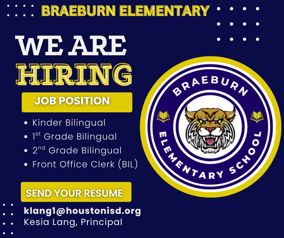 If you're interested in joining a thriving and dynamic team in the Gulfton/Bellaire area of Houston, contact me! Whether you're an experienced educator or just beginning your journey, we'd love to connect and explore the possibilities together! *MUST SPEAK SPANISH
