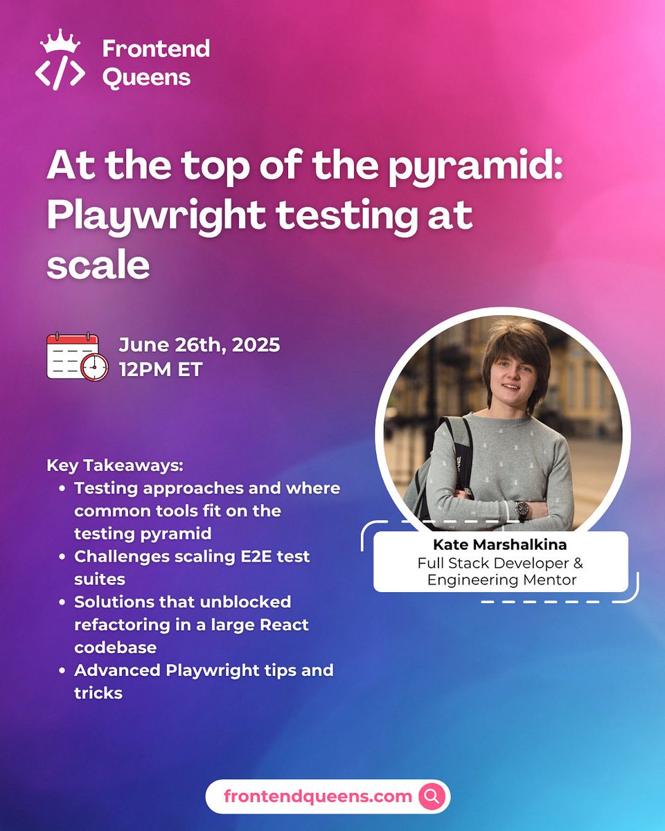 🎭 At the Top of the Pyramid: Playwright Testing at Scale

Join our event with <a href="/kalabro/">Kate 💡</a> on June 26, 12PM ET as she shares how her team scaled to 20K+ lines of <a href="/playwrightweb/">Playwright</a> tests - tackling E2E challenges in a growing React codebase.

🔗 bit.ly/4lh3yLq #FrontendQueens