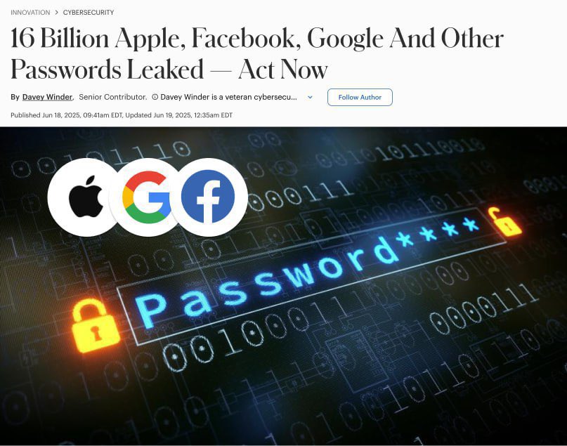 Crypto_KD7's tweet photo. Massive Password Leak: 16 Billion Credentials Exposed!
Apple, Google, Facebook, Instagram, Telegram, GitHub – no one’s safe…..
This is the largest password dump ever, and it’s already circulating on the dark web.
If you reuse passwords across platforms, now’s the time to change them.