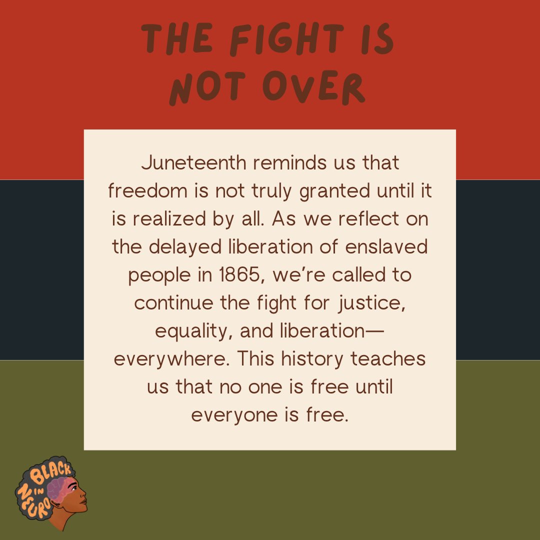 🖤 On #Juneteenth, we honor the fight for Black freedom — delayed, but never denied.
At #BlackInNeuro, we carry that legacy forward by creating space for Black excellence in neuroscience, year-round.
Freedom is a journey — and we’re not done yet. ✊🏾
