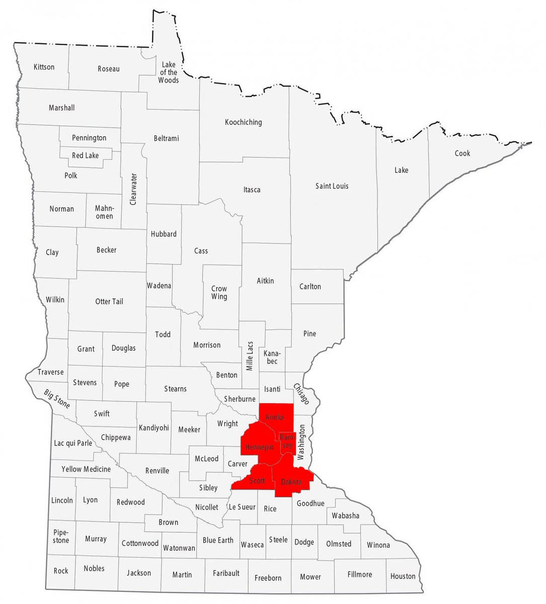 The counties shown in red have the same population as all the counties in grey.
