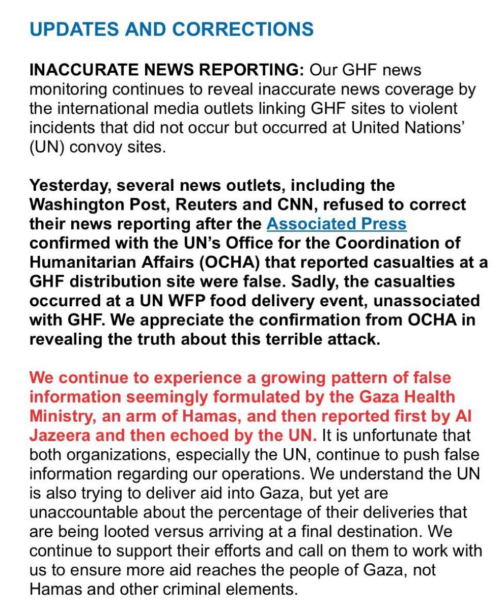 BREAKING: The Gaza Humanitarian Foundation directly calls out the constant disinformation.

They say that Hamas says something, Al Jazeera picks it up, and then Western media outlets regurgitate the lies.