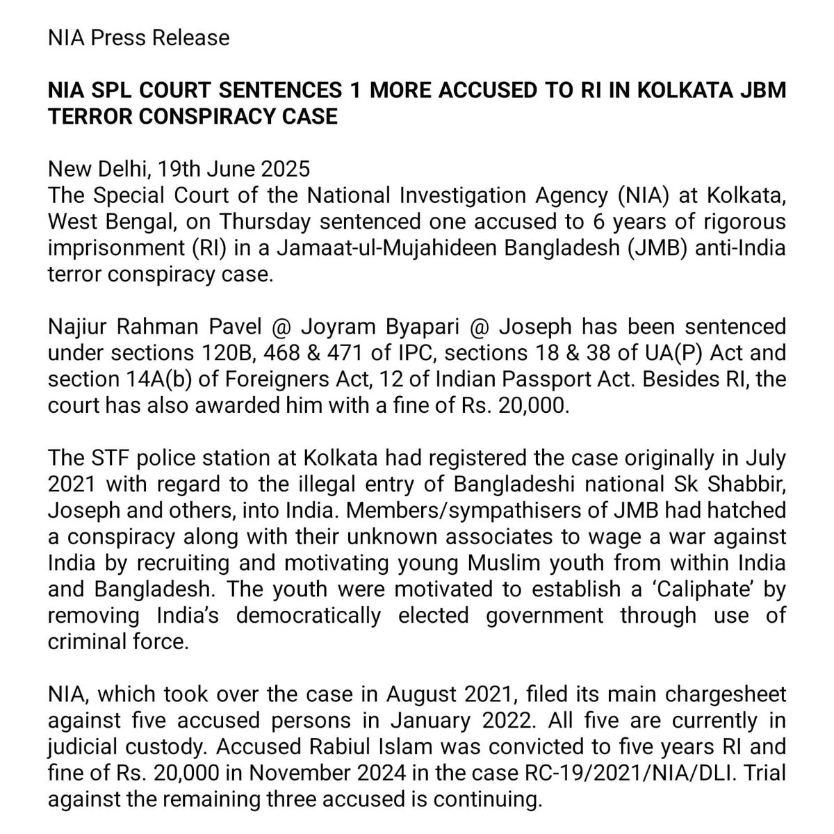 NIA Spl Court Sentences 1 more Accused to RI in Kolkata JBM Terror Conspiracy Case