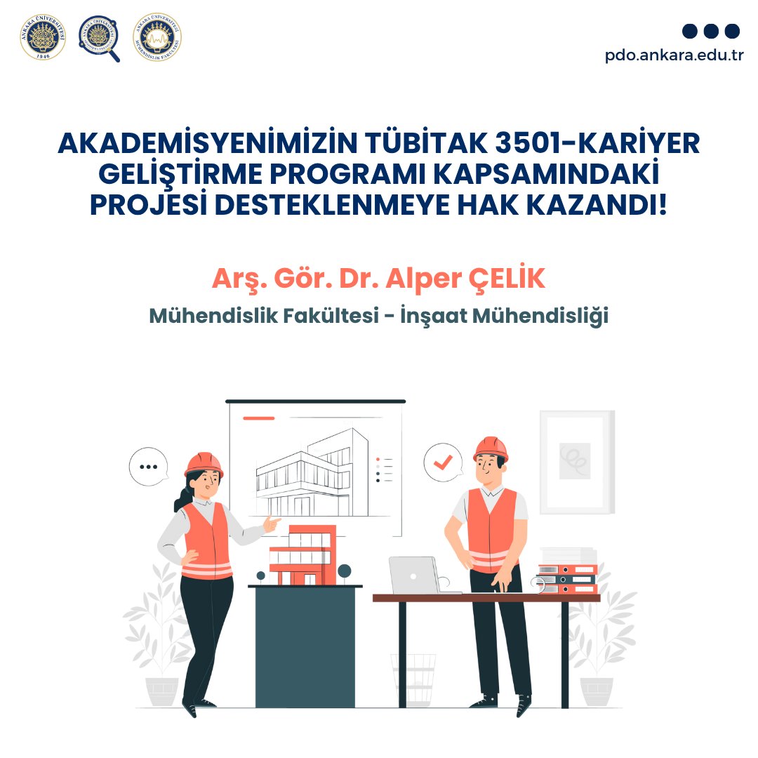 Mühendislik Fakültesi akademisyenlerinden Arş. Gör. Dr. Alper ÇELİK'in yürütücülüğünü yaptığı araştırma projesi desteklenmeye hak kazanmıştır.  
Proje yürütücüsü Arş. Gör. Dr. Alper ÇELİK ile proje ekibini tebrik ederiz.  
#AraştırmadaEnİyisiAnkaraÜniversitesi