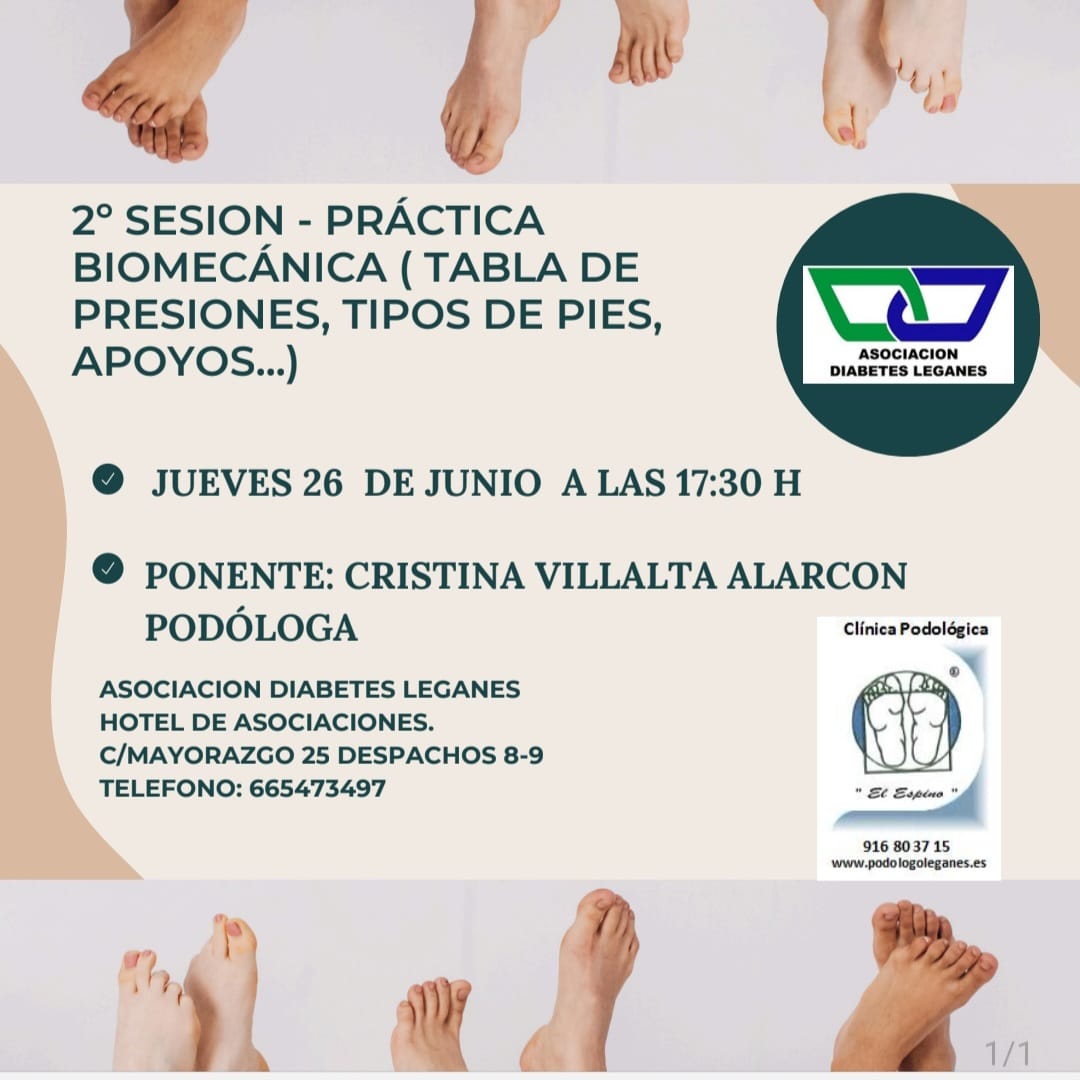 Te invitamos a nuestra sesión práctica biomecánica de #podología 🦶🏼, donde Cristina Villalta nos instruirá en una materia importante para personas con #diabetes, un placer volver a contar con la ponente 🤝🏽

Si te interesa acompañarnos, confirma asistencia vía WhatsApp (665473497)