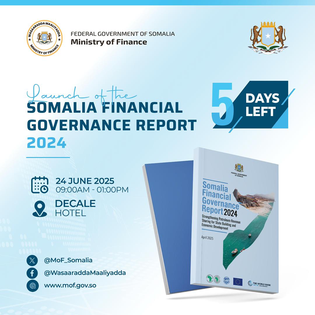 Ministry of Finance (@mof_somalia) on Twitter photo .<a href="/MoF_Somalia/">Ministry of Finance</a> will unveil #Somalia2024 Financial Governance Report on June 24, 2025 in Mogadishu.The <a href="/FGCSomalia/">FGC Somalia</a> report,highlights significant progress across core areas of financial governance including:Revenue,PFM,Procurement,&financial sector reforms. #Somalia #GoodGovernance .<a href="/MoF_Somalia/">Ministry of Finance</a> will unveil #Somalia2024 Financial Governance Report on June 24, 2025 in Mogadishu.The <a href="/FGCSomalia/">FGC Somalia</a> report,highlights significant progress across core areas of financial governance including:Revenue,PFM,Procurement,&financial sector reforms. #Somalia #GoodGovernance