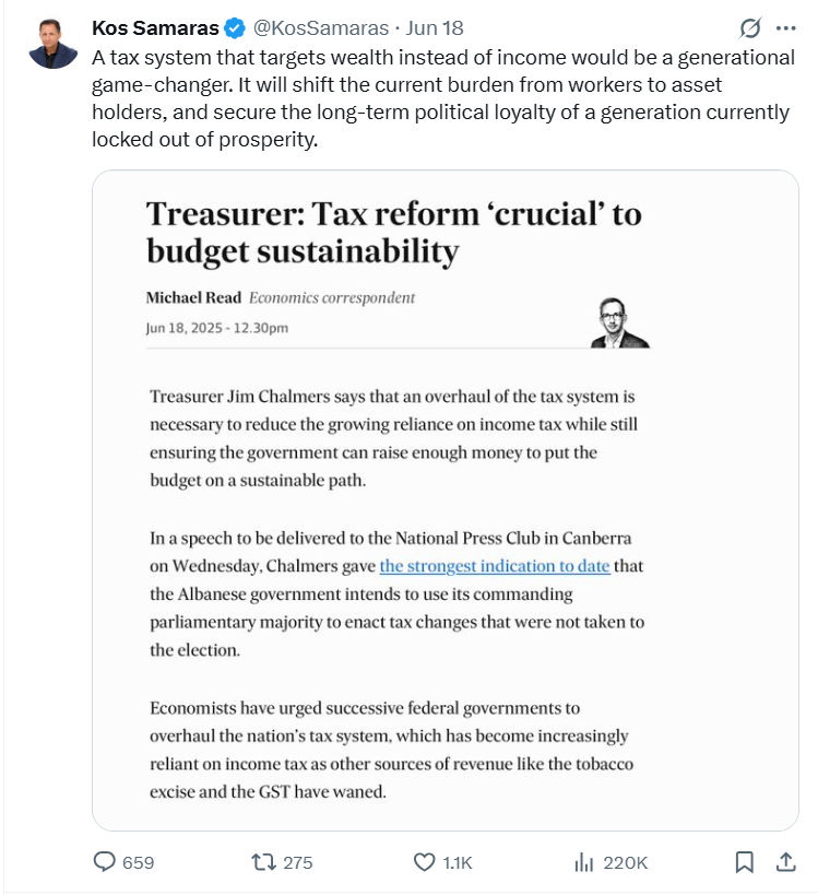 This is communism 101!

Kos Samaras' proposal to shift taxes from income to wealth is a direct assault on entrepreneurship and wealth creation. 

This approach, aiming to secure political loyalty, represents government overreach and risks significant capital flight, as evidenced
