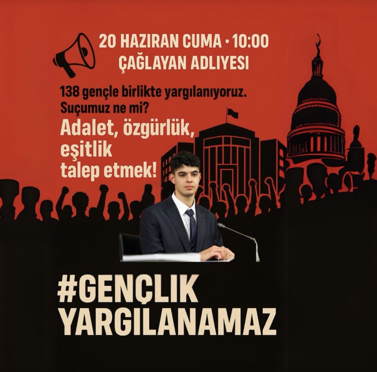 📢 20 Haziran Cuma günü saat 10:00’da Çağlayan Adliyesi’ndeyiz!

Benimle birlikte 138 genç yoldaşım yargılanıyor. Suçumuz ne mi? Adalet ve özgürlük talep etmek!

#GençlikYargılanamaz