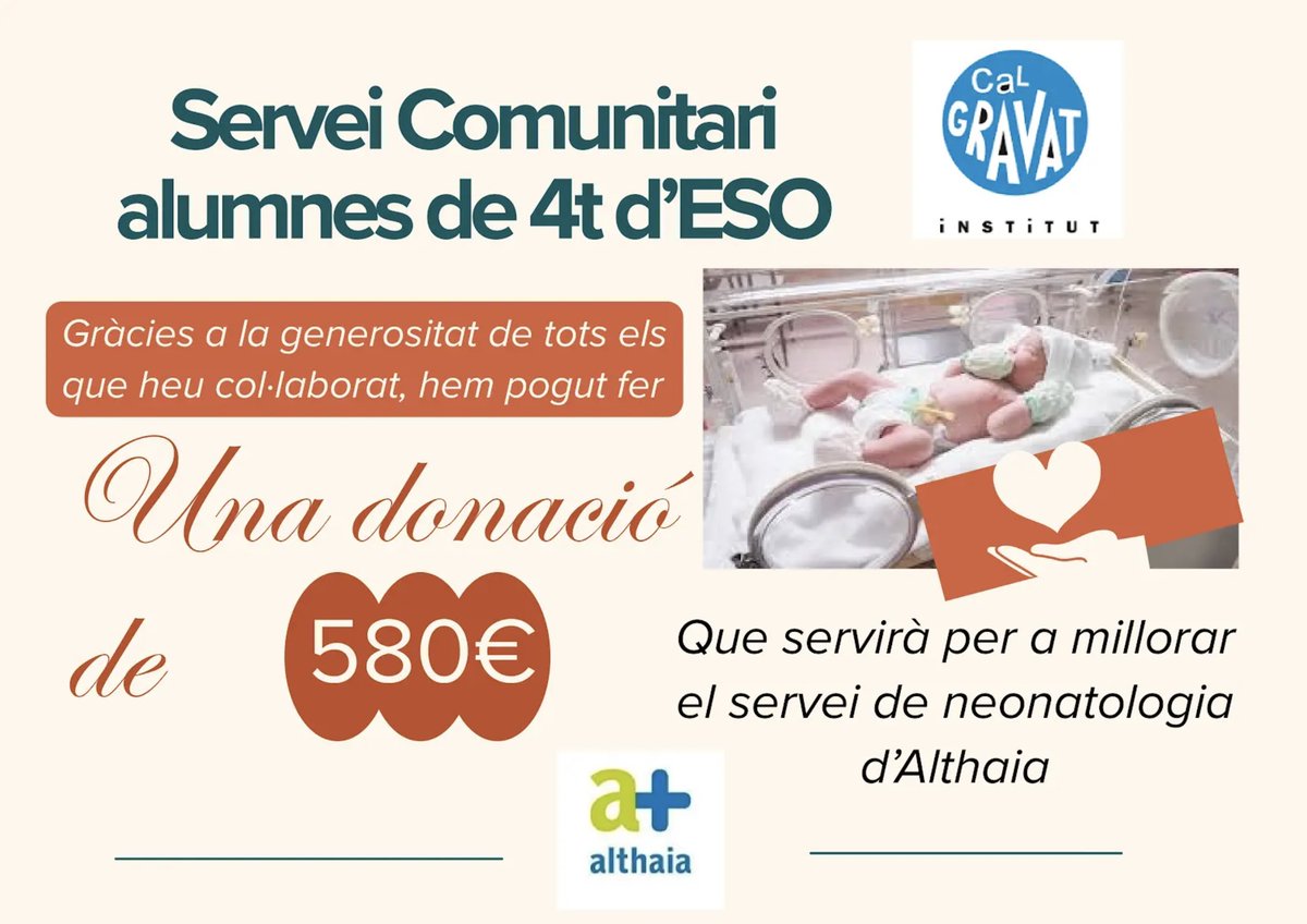 Els alumnes de 4t d'ESO hem fet entrega a Althaia dels 580€ obtinguts amb la venda de cors de tela que vam confeccionar com a projecte del Servei Comunitari d'aquest curs.  Aquesta donació anirà destinada a la millora del servei de neonatologia d'Althaia.