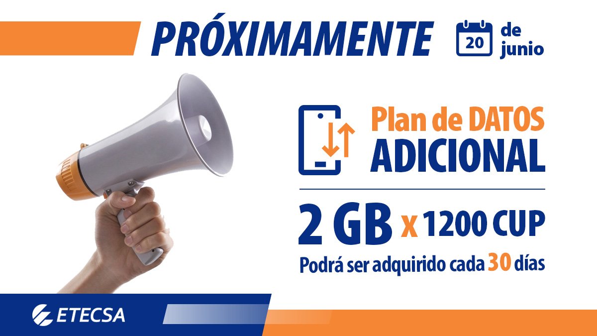 A través de #Transfermovil en su opción de compra de planes y paquetes, y en Servicios en Línea tienda.etecsa.cu podrás adquirir a partir de mañana, el Plan Adicional 2GB, que se podrá comprar 1️⃣ vez cada 30 días.
El precio del Giga mejora con respecto a los planes extra.