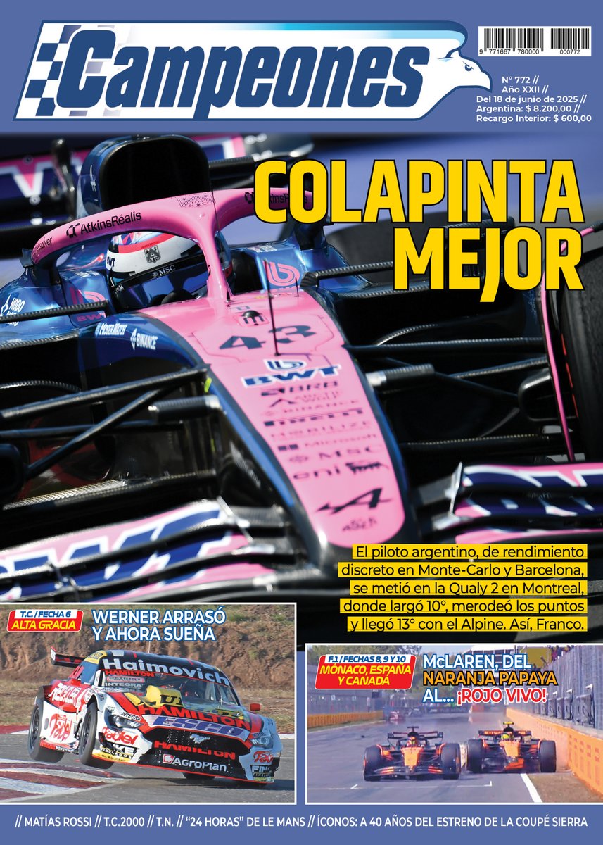 markitodonato's tweet photo. 🏁 La tapa de la edición de junio de la #RevistaCampeones 🗞️, que ya se distribuye con la cobertura de la F.1 🇲🇨🇪🇸🇨🇦, el TC, el TC2000, el TN y las 24 Hs de Le Mans 🇫🇷. Además, entrevista a @rossimatias 🚀, Íconos, el seguimiento a @FranColapinto 🇦🇷 y las secciones de siempre. 😍 https://t.co/1y92FijPQU