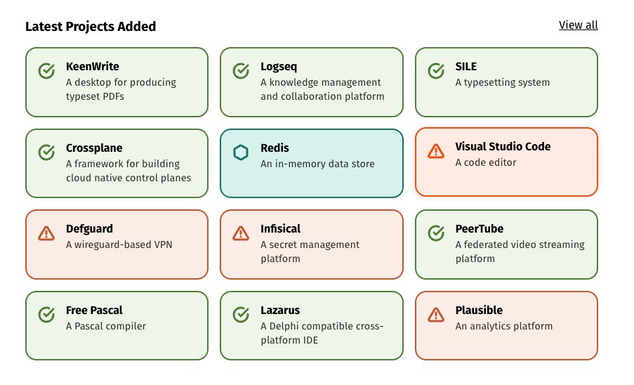 Est-ce réellement FLOSS ?

Un site communautaire qui évalue les projets logiciels qui se disent Libres ou Open Source et leur attribue un statut clair

👉 isitreallyfoss.com