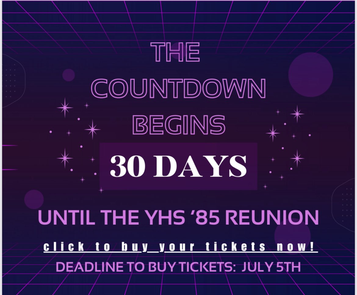 YHSClassOf85's tweet photo. CLASSMATES 30 DAYS AWAY FROM THE PARTY OF THE DECADE! DON’T MISS OUT!!! The turnout has been absolutely amazing! 100+ people with tickets…and counting!! SO COOL!!😎 We can’t wait to reconnect with all of you at Somers Pointe on July 19th. 🧵 https://t.co/7p0OsIyF4s