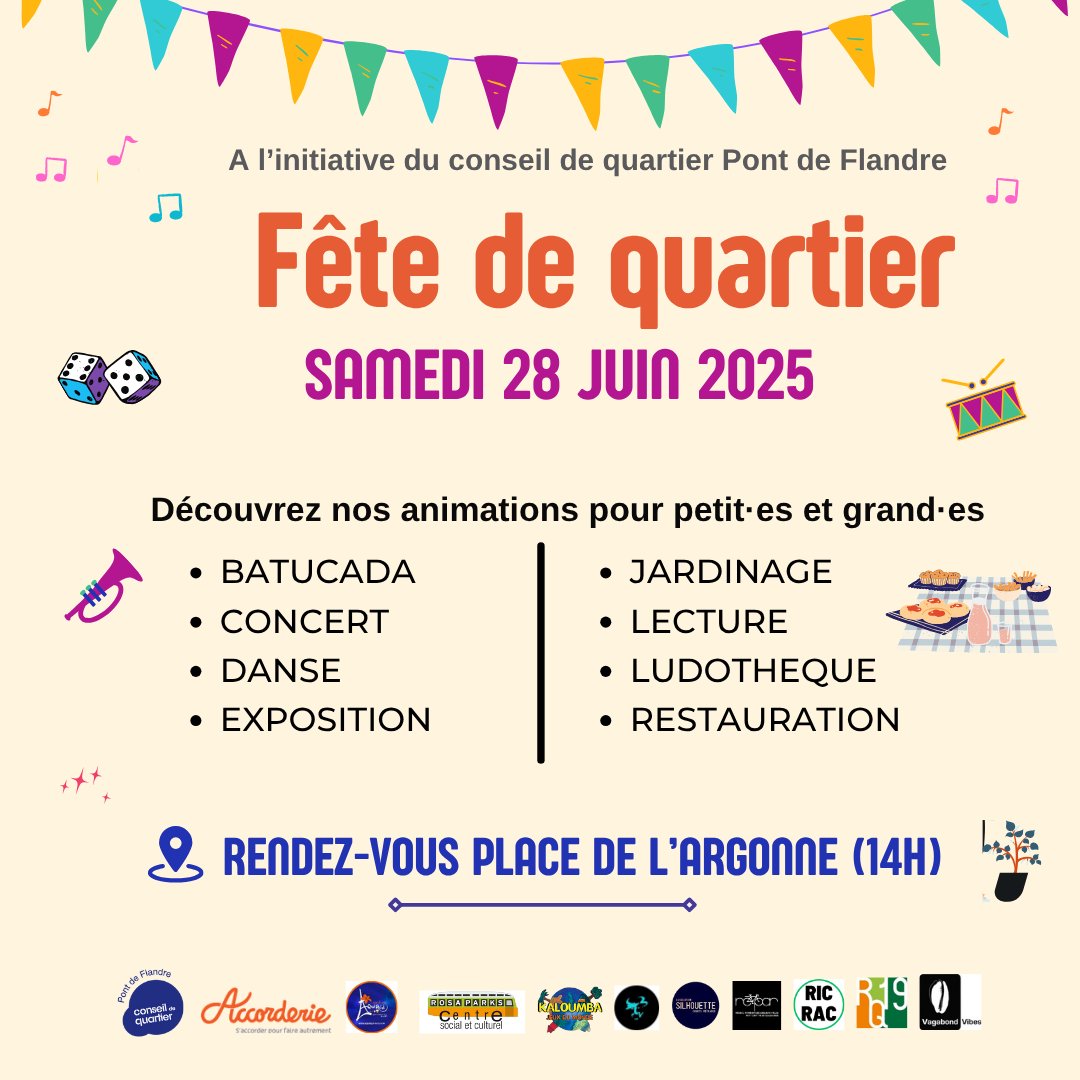 monquartier19's tweet image. SAVE THE DATE 📢 :
Ne manquez pas la fête de quartier organisée par le conseil de quartier Pont de Flandre !
Rendez-vous samedi 28 juin à la Place de l'Argonne pour découvrir dès 14h les nombreuses animations proposées par les associations locales !
#FeteDeQuartier #animation