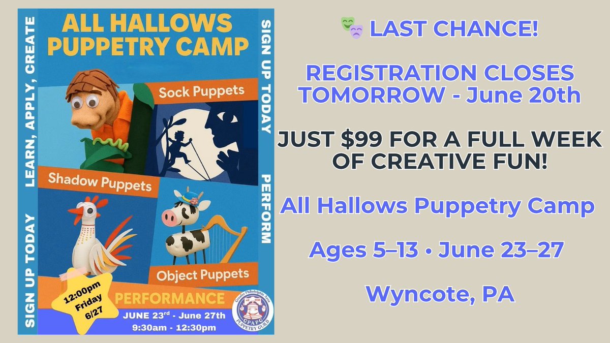 🎭 LAST CHANCE! Registration for the All Hallows Puppetry Camp ends TOMORROW – June 20! 📣📍Wyncote, PA | 🎨For ages 5–13
 🎟️ Just $99 for a full week of hands-on creative fun!  👉 bit.ly/3Tm0rpm
#PuppetryCamp #CreativeKids #WyncotePA #FamilyFun #LastChance 🎉