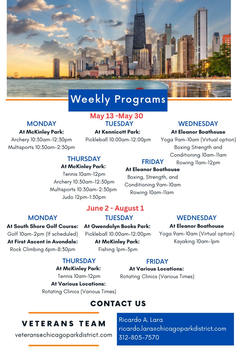 This summer, enjoy wellness &amp; recreation programs with @chicagoparks —exclusively for veterans! From fishing &amp; kayaking to yoga, golf, pickleball, &amp; more, there’s something for everyone. Questions? Reach out to: veterans@chicagoparkdistrict.com

#VeteranWellness #ChicagoVeterans