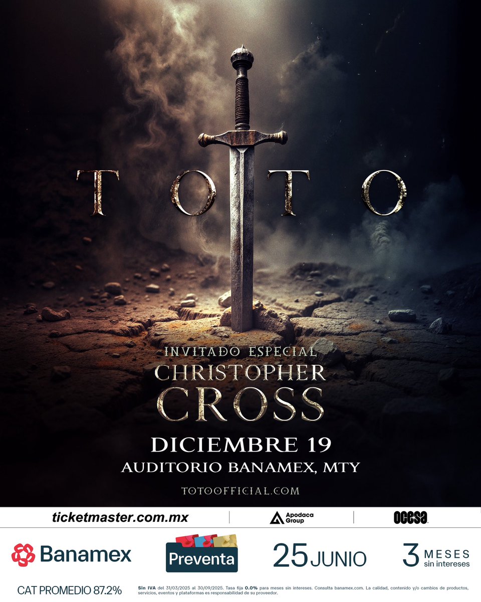 Apodaca Group (@apodacagroup) on Twitter photo ¡TOTO! 🔥 Una lluvia de clásicos nos esperan este 19 de Diciembre en Monterrey ✨ <a href="/totothemselves/">totothemselves</a> & @itsmrcross
💳 #PreventaBanamex 25 de Junio
🎫 Boletos a la venta a partir del 26 de junio por sistema Ticketmaster ¡TOTO! 🔥 Una lluvia de clásicos nos esperan este 19 de Diciembre en Monterrey ✨ <a href="/totothemselves/">totothemselves</a> & @itsmrcross
💳 #PreventaBanamex 25 de Junio
🎫 Boletos a la venta a partir del 26 de junio por sistema Ticketmaster