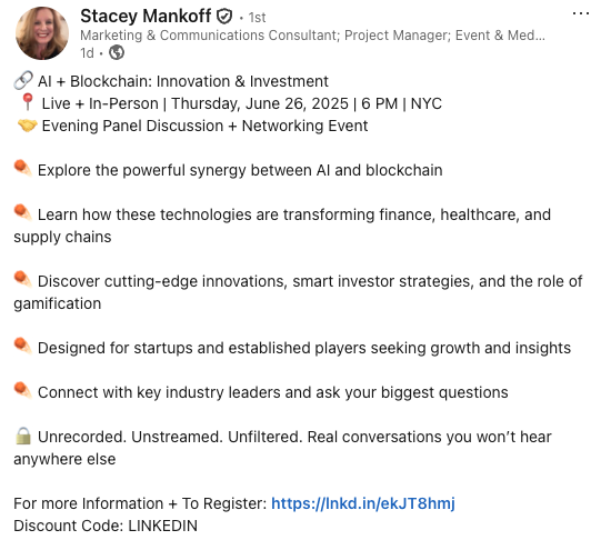 If you are in NYC next week register for this in person event discussion AI and Blockchain.

eventbrite.com/e/ai-blockchai…

Discount Code: LINKEDIN