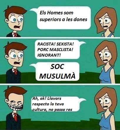 <a href="/JoelJoanJuve/">Joel Joan</a> Aquí has de veure a #PSOEsquerra, la CUP, els Komuns (i el PSOE-C) defensant el vel islàmic perquè "és una tradició". Una tradició masclista que fa que les dones s'hagin d'amagar i passar calor (els homes, no pas). Quina colla d'impresentables!