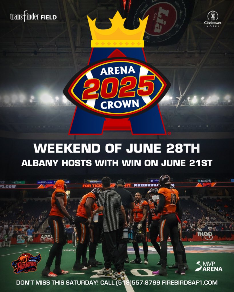 History is on the line. Don’t miss Firebirds playoffs this Saturday night at 7:00pm! 😤🔥🦅

Block party 5-7pm
Saturday, June 21st (Kickoff 7:00pm)
(518)557-8799

ticketmaster.com/albany.../arti…