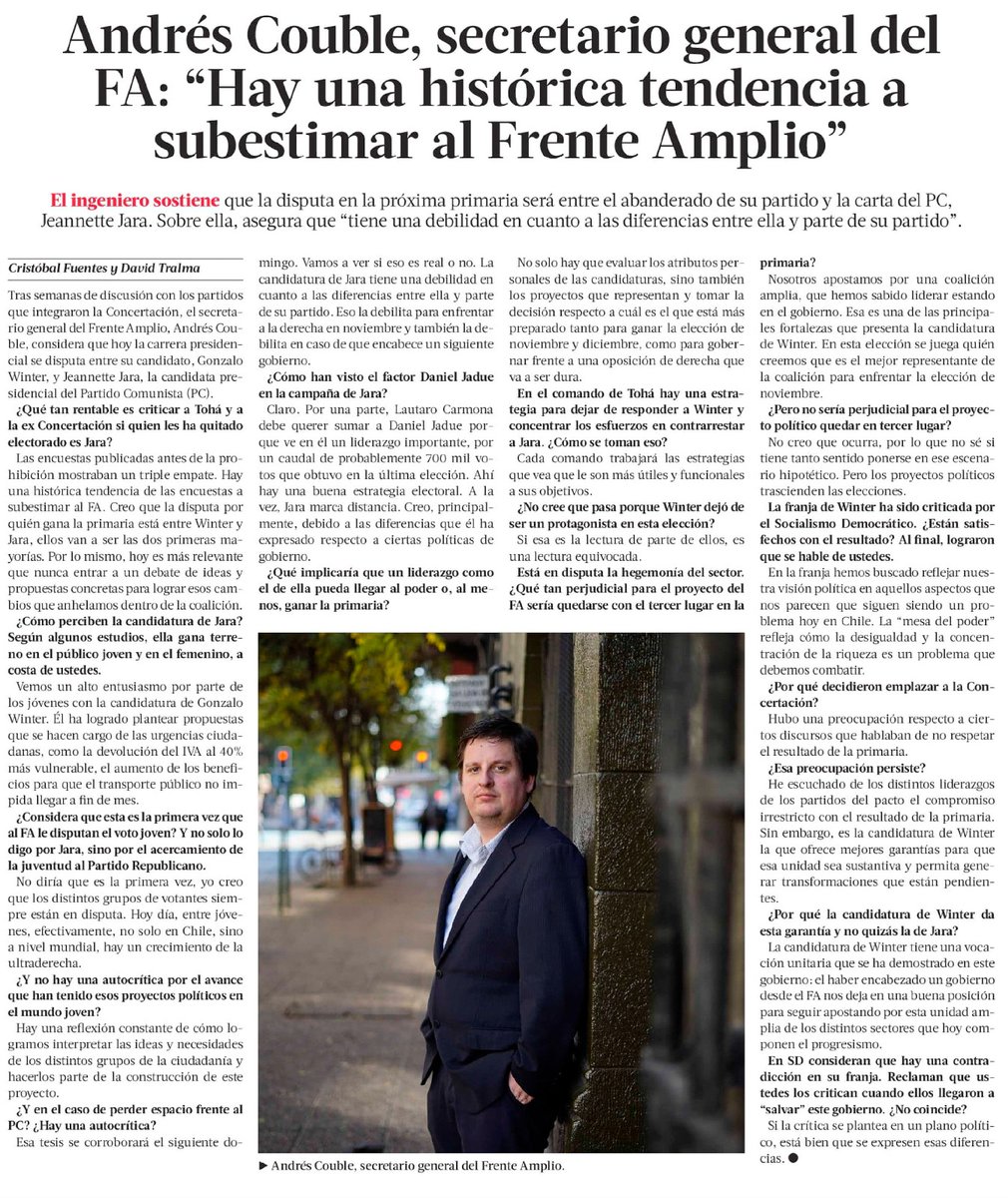 Andrés Couble (@acouble) on Twitter photo Les comparto mi entrevista de hoy en <a href="/latercera/">La Tercera</a> donde analizo el escenario de las primarias y argumento por qué <a href="/gonzalowinter/">Gonzalo Winter 🇨🇱</a> es la candidatura que mejor puede conducir un siguiente gobierno transformador. Les comparto mi entrevista de hoy en <a href="/latercera/">La Tercera</a> donde analizo el escenario de las primarias y argumento por qué <a href="/gonzalowinter/">Gonzalo Winter 🇨🇱</a> es la candidatura que mejor puede conducir un siguiente gobierno transformador.
