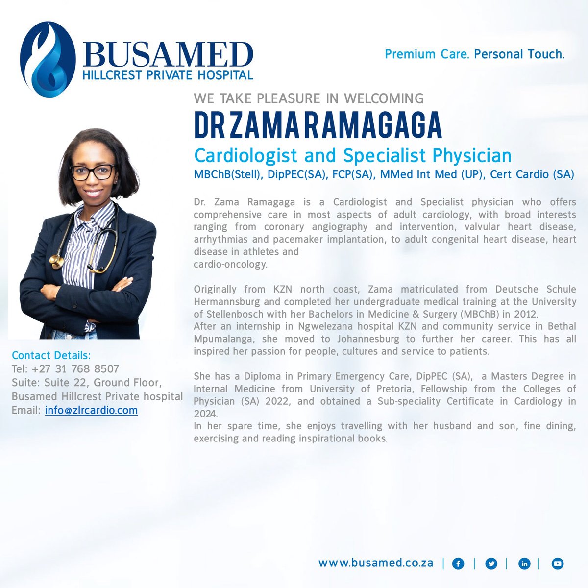 We are proud to welcome Dr. Zama Ramagaga to Busamed Hillcrest Private Hospital. As a Cardiologist and Specialist Physician, Dr. Ramagaga brings a wealth of knowledge, skill, and compassion to her patients. #Busamed