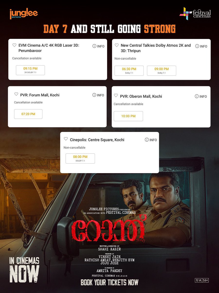 The patrol’s almost full. Grab your spot now! 🧡
Book your tickets, link in bio.

🔗 - linktr.ee/BookTicketsNow...

#Ronth is now in cinemas near you.

#ShahiKabir #DileeshPothan <a href="/roshanmathew22/">Roshan Mathew</a> <a href="/vineetjaintimes/">Vineet Jain</a>
#RathishAmbat #RenjithEVM <a href="/Jojo_Jos_/">Jojo Jose</a> <a href="/FestivalCinema_/">Festival Cinemas</a> #AmritaPandey