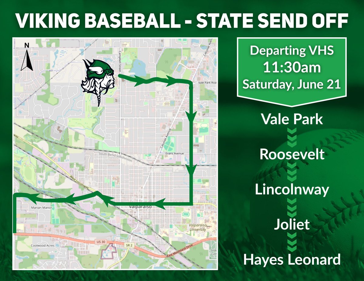 STATE SEND OFF‼️⚾️
Let’s give our Viking Baseball Team a great send off as they head to Indianapolis for the State Championship Game! 📍Check the map and line their route at 11:30am Saturday...let's cheer them on as they roll out of Valpo! #wearevalpo 🟢⚪️