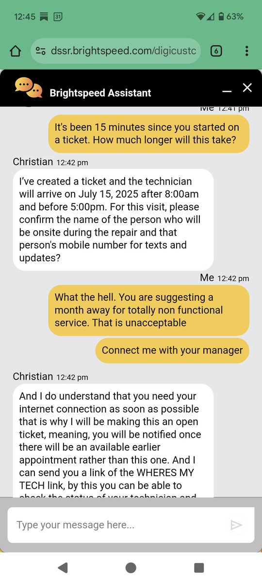 Hey <a href="/gobrightspeed/">Brightspeed</a> @BrightspeedHelp, when your customer's Internet service goes out completely, do you view it as acceptable to tell them that you'll visited in a MONTH?