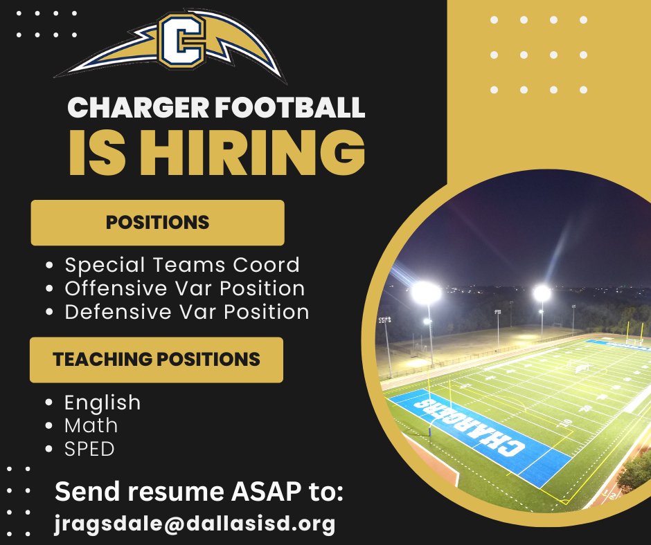 Josh Ragsdale (@joshragsdale) on Twitter photo Conrad HS (4A) still needs two football coaches. Special Teams Coordinator a possibility for right candidate.
Teaching is Math, English or Sped ONLY!
No PE or Health!
<a href="/SBarrios_DISD/">Dr. Sandra Barrios-Rojas, Executive Director</a> <a href="/Matt_Stepp817/">Matt Stepp</a> <a href="/dallasathletics/">Dallas ISD Athletics</a> <a href="/Amber_Ragsdale/">Amber Ragsdale</a> Conrad HS (4A) still needs two football coaches. Special Teams Coordinator a possibility for right candidate.
Teaching is Math, English or Sped ONLY!
No PE or Health!
<a href="/SBarrios_DISD/">Dr. Sandra Barrios-Rojas, Executive Director</a> <a href="/Matt_Stepp817/">Matt Stepp</a> <a href="/dallasathletics/">Dallas ISD Athletics</a> <a href="/Amber_Ragsdale/">Amber Ragsdale</a>