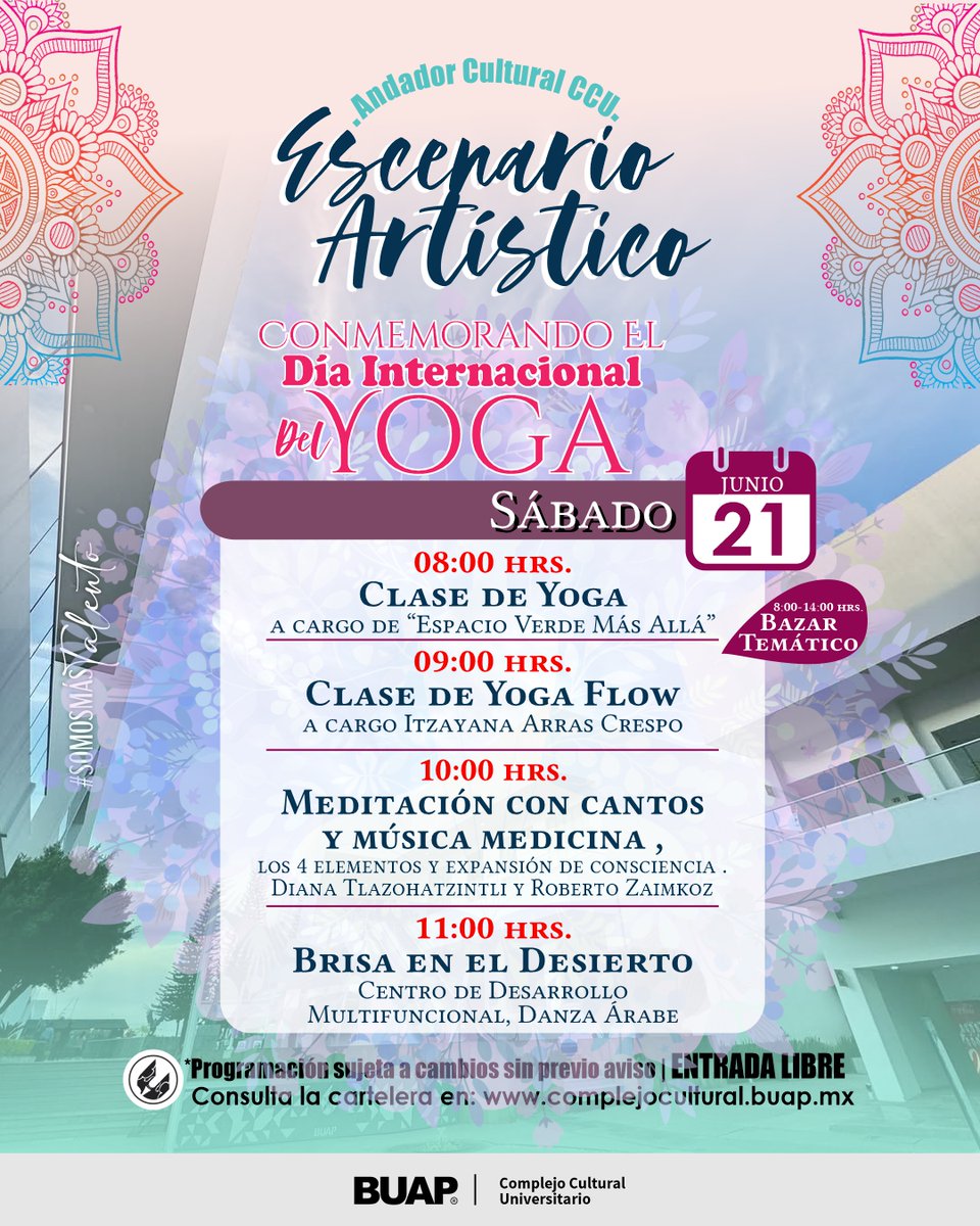 🧘🧘‍♂️🧘 ¿Sabías que el #yoga conecta tu cuerpo con tu mente?  También ayuda a reducir el estrés, la ansiedad y mejora la calidad del sueño.

¡Aprende en el Andador Cultural CCU BUAP!