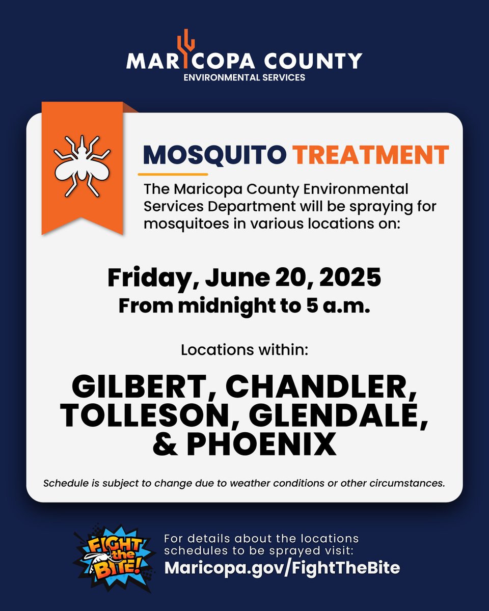 Want to know when mosquito treatments are scheduled for your area? 🦟Subscribe to calendar notifications at bit.ly/FoggingNotific…

Learn more about what you can do to help prevent mosquito breeding, avoid mosquito bites, and stay healthy at Maricopa.gov/FightTheBite