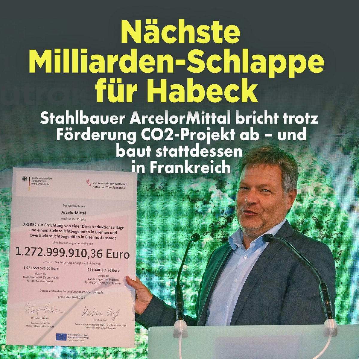 Der Luxemburger Stahlbauer ArcelorMittal wird seine Pläne zur Dekarbonisierung der Flachstahlwerke in Bremen und Eisenhüttenstadt nicht weiterverfolgen, obwohl die Bundesregierung unter Robert Habeck 1,3 Milliarden Euro an Förderungen bereitgestellt hatte. nius.de/wirtschaft/new…