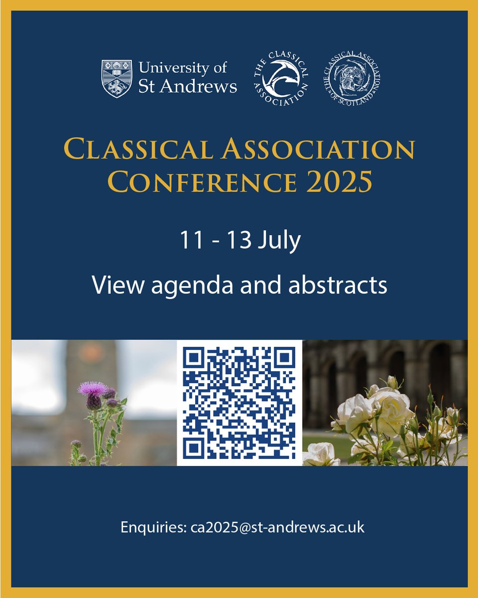 StAConf25's tweet image. Classical Association Conference, 11-13 July 2025, @univofstandrews
Daily agenda and abstracts are now available: eventsforce.net/standrews/237/…
Enquiries to: ca2025@st-andrews.ac.uk
ca2025.wp.st-andrews.ac.uk #CA2025 @StA_Classics @CAScotia @Classical_Assoc #ClassicsTwitter