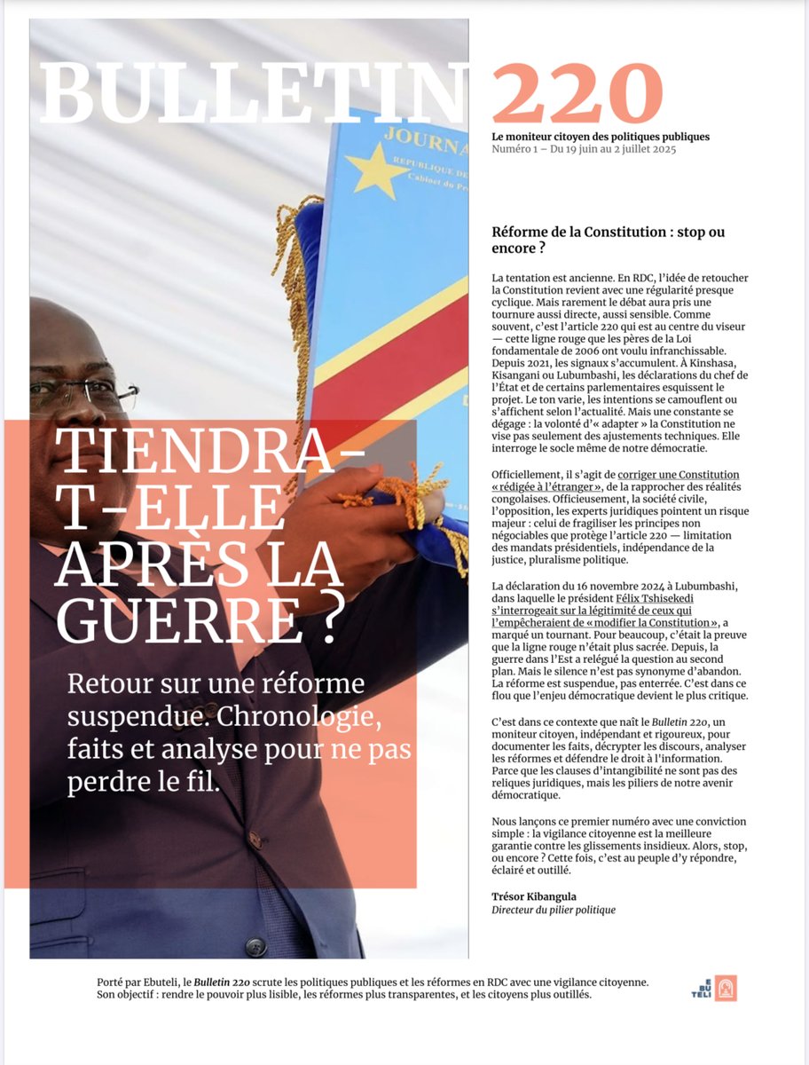 📰#Bulletin220 

🇨🇩 La Constitution tiendra-t-elle après la guerre ?

🔎 Ce premier numéro du Bulletin 220 revient sur une réforme suspendue. Chronologie, faits et analyse pour ne pas perdre le fil.

🔗bit.ly/ebuteli-bullet…