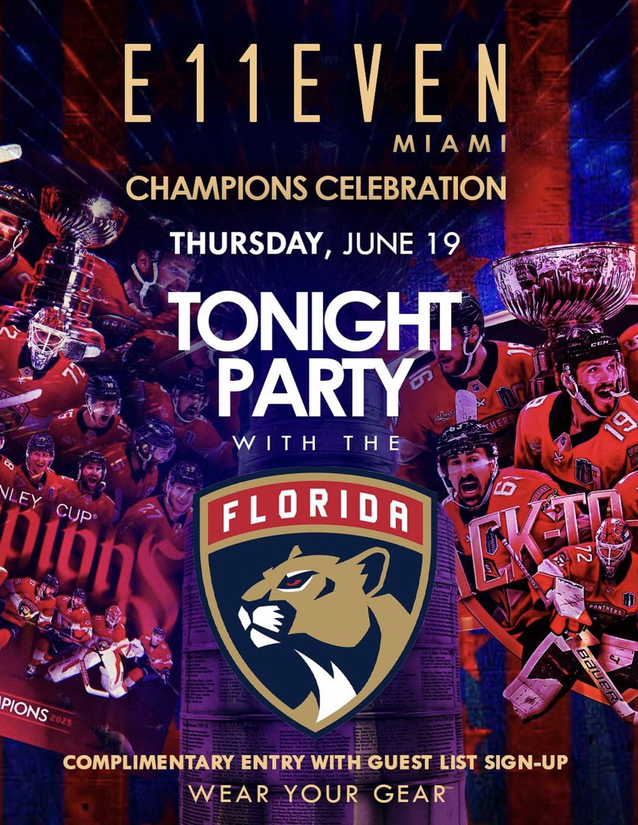 11 Captain's Club (@11captainsclub) on Twitter photo We love a Champions Celebration 🎉
With <a href="/FlaPanthers/">Florida Panthers</a> around… it’s become our best annual tradition 🏆
Complimentary entry for all with guest list sign up
See you tonight!
#FloridaPanthers #E11EVEN #11Miami #FLPanthers We love a Champions Celebration 🎉
With <a href="/FlaPanthers/">Florida Panthers</a> around… it’s become our best annual tradition 🏆
Complimentary entry for all with guest list sign up
See you tonight!
#FloridaPanthers #E11EVEN #11Miami #FLPanthers