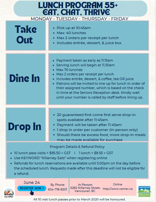 Eat, Chat, Thrive Seniors 55+ Lunch Program – July Registration begins Tuesday, June 24that 9am (online &amp; in person) and at 12pm (telephone) 604-718-8201