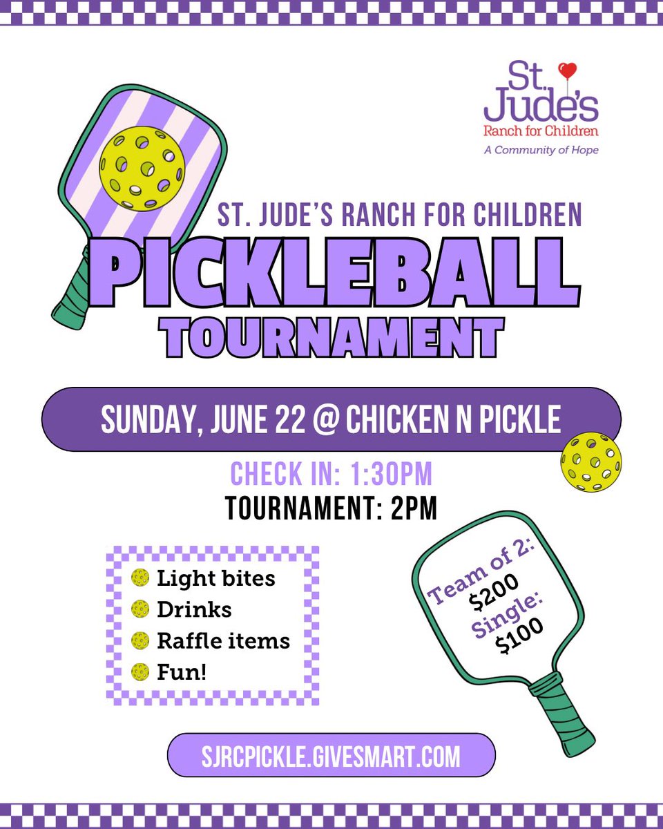 StJudesRanch's tweet image. Don’t miss our charity pickleball tournament! 🎾❤️
Join us this Sunday, June 22 at @ChickenNPickle Henderson for a Pickleball Tournament to benefit St. Jude’s Ranch for Children.
Enjoy bites, drinks, raffles and fun!
Sign up: SJRCpickle.givesmart.com
#Vegas #pickleball
