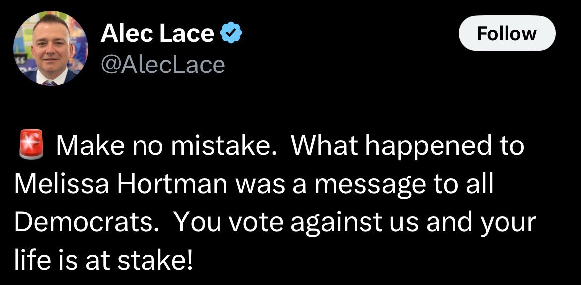 This person named Alec Lace <a href="/AlecLace/">Alec Lace</a> is encouraging violence against Democrats. His local police dept. should check in with him <a href="/MTPDNJ/">MiddletownPoliceNJ</a>