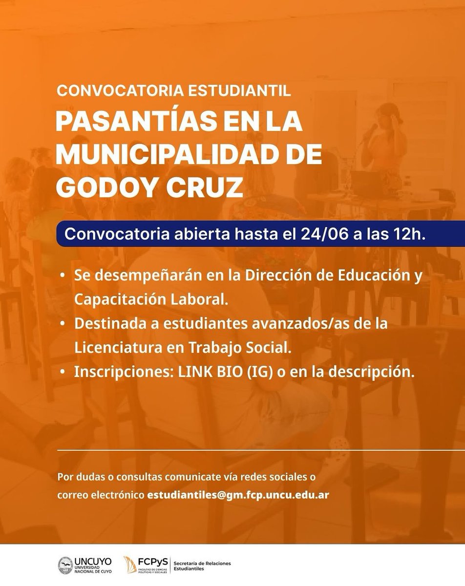 📝 Se convoca a estudiantes avanzados/as de la Licenciatura en Trabajo Social para realizar pasantías en la Dirección de Educación y Capacitación Laboral de la Municipalidad de Godoy Cruz.

📅 La convocatoria se encuentra abierta hasta el 24/06 a las 12h. forms.gle/XtdsR8WfCkMtFg…