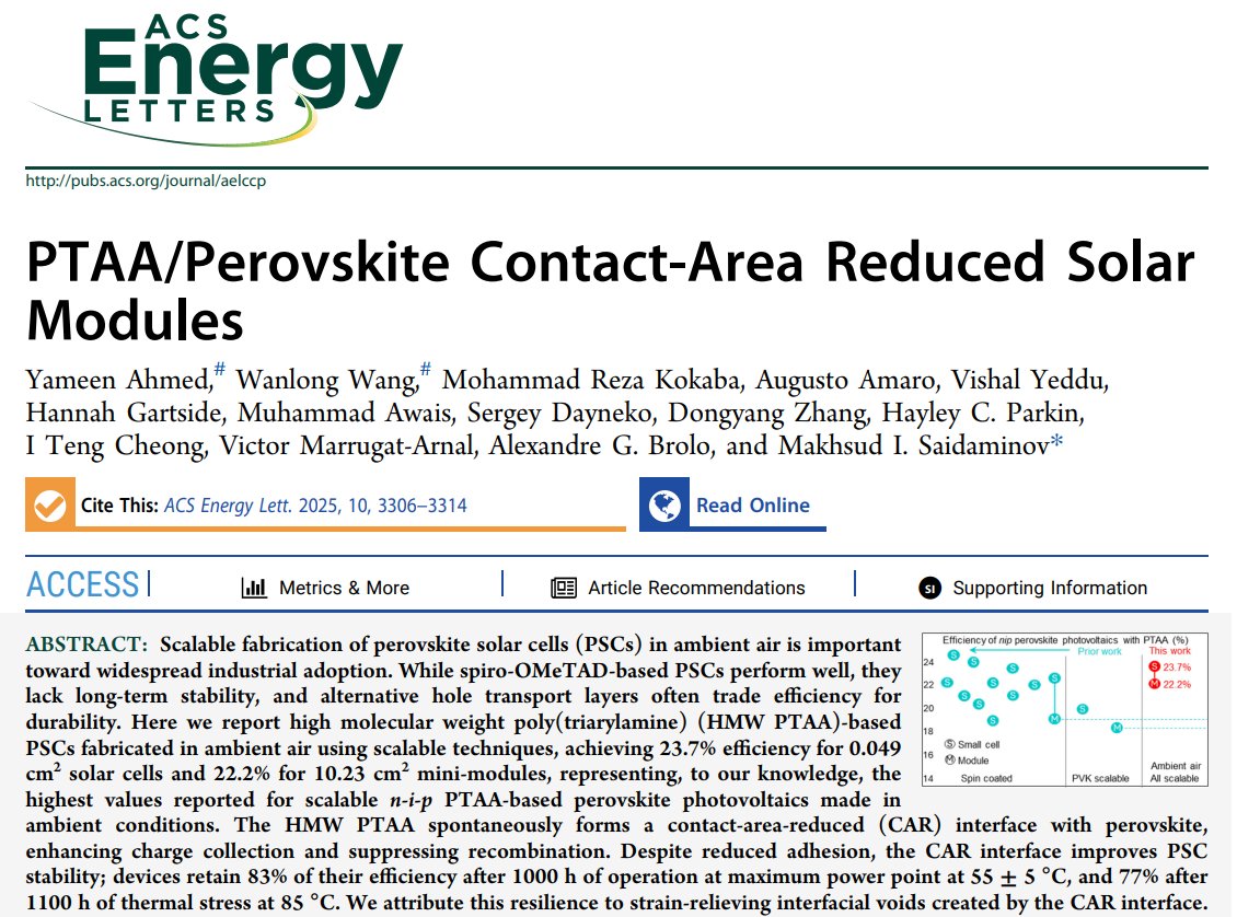 2 surprising findings in one paper:

Convention: PTAA = stability but low efficiency
Finding: PTAA enables efficient (~24%) perovskite solar cells

Convention: good adhesion between layers is essential
Finding: reducing contact area boosts cell resilience
 pubs.acs.org/doi/full/10.10…
