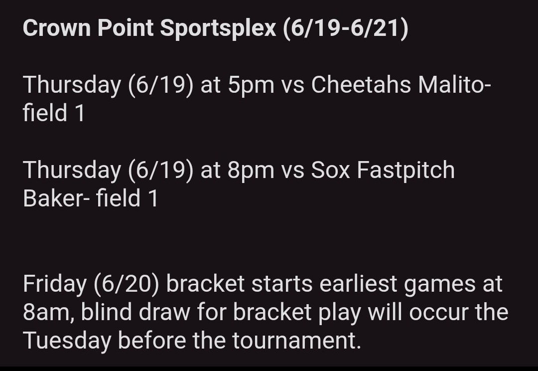 Sparks Gold Treccani schedule for this weekend in Crown Point,  IN at the PGF National Qualifier