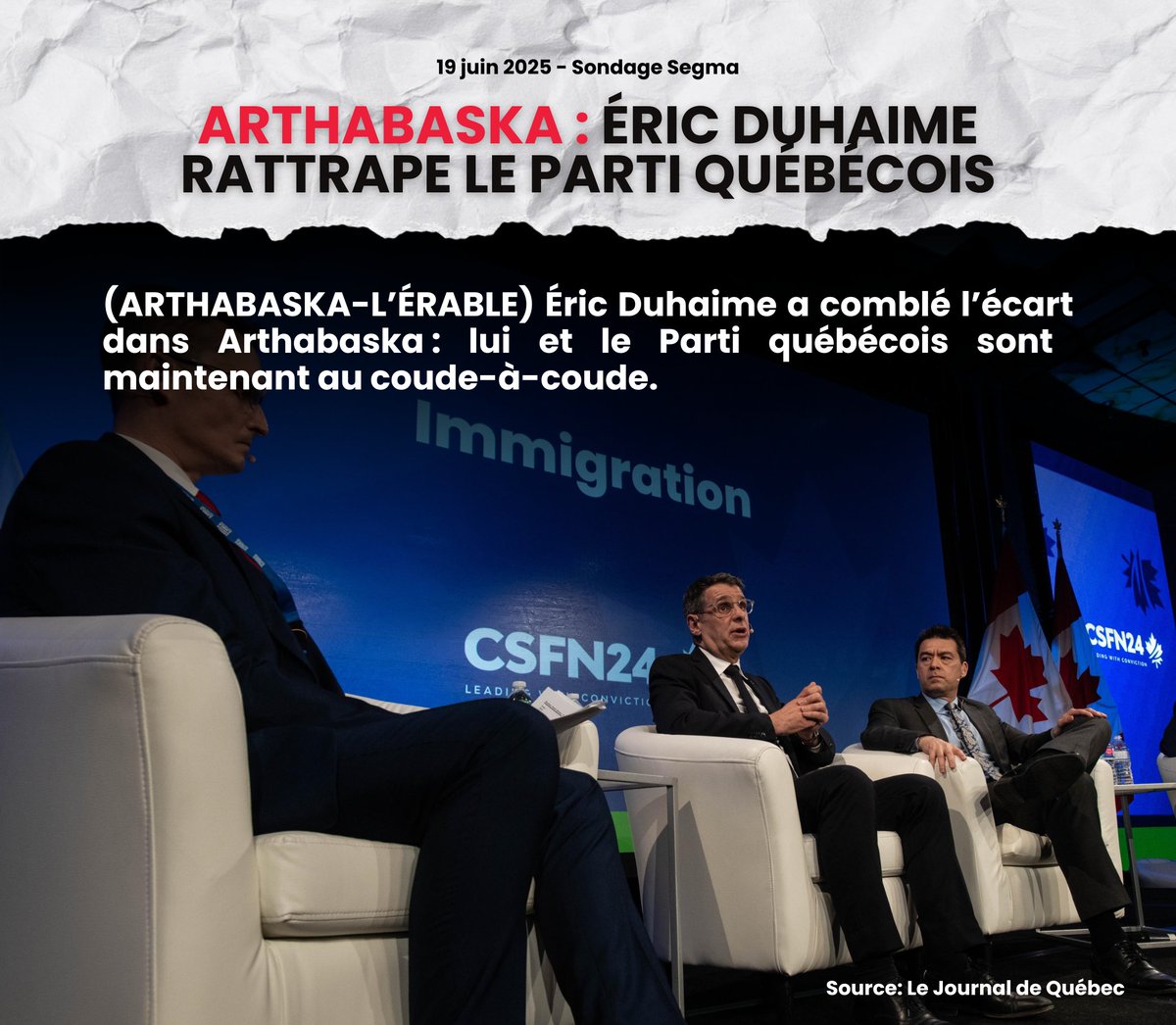 Excellente nouvelle!

Selon le plus récent sondage Segma, Éric Duhaime a comblé un écart de 3 points avec le Parti Québécois dans Arthabaska, comparativement au dernier sondage de la même firme.

Pour notre chef, le message est clair : les citoyens d’Arthabaska veulent du