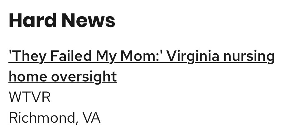 TylerLayneMusic's tweet image. A little late - but thrilled to share that our @CBS6 investigation into Virginia’s lacking oversight of the nursing home industry earned a regional Murrow award, which is a great honor in journalism!
Our coverage has continued to spur state-level action: wtvr.com/news/local-new…