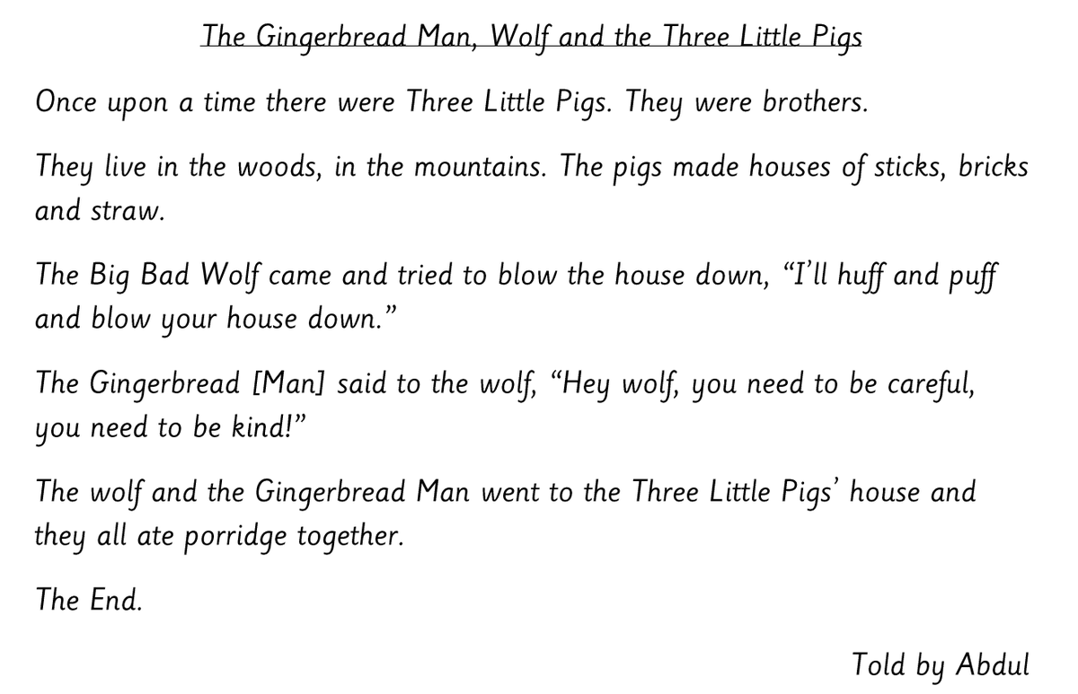 TalesToolkit's tweet image. After hearing The Three Little Pigs, Abdul built a straw house, acted out scenes, then wrote his own story with a kind Gingerbread Man, thoughtful wolf, &amp;amp; lucky pigs!

When children are free to explore, play &amp;amp; imagine, writing flows naturally.

#TalesToolkit #EYFSwriting