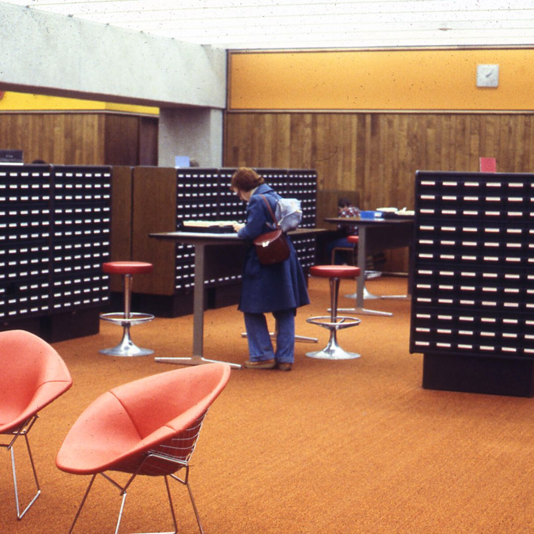 Reminiscing about orange carpet, vintage furniture, and card catalogs.